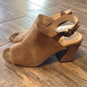 Sole Society Tan Suede Chunky Peep Toe Heels
